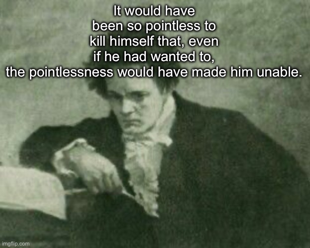 Beethoven | It would have been so pointless to kill himself that, even if he had wanted to, the pointlessness would have made him unable. | image tagged in beethoven | made w/ Imgflip meme maker