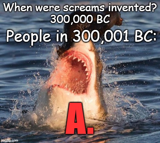 A. | When were screams invented?
300,000 BC; People in 300,001 BC:; A. | image tagged in memes,travelonshark | made w/ Imgflip meme maker