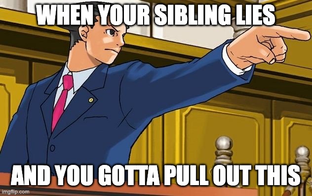 Fax? | WHEN YOUR SIBLING LIES; AND YOU GOTTA PULL OUT THIS | image tagged in ace attorney 17th admendment | made w/ Imgflip meme maker