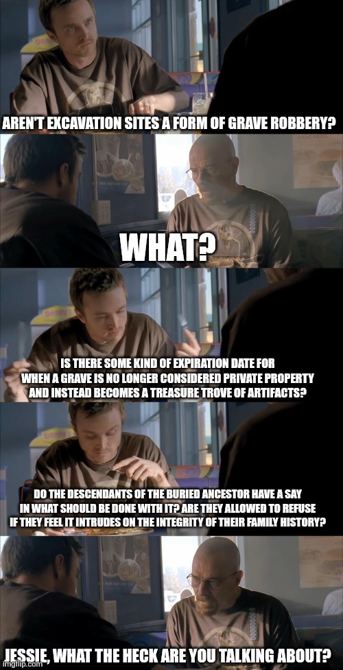 Shower thoughts do be like that | AREN'T EXCAVATION SITES A FORM OF GRAVE ROBBERY? WHAT? IS THERE SOME KIND OF EXPIRATION DATE FOR WHEN A GRAVE IS NO LONGER CONSIDERED PRIVATE PROPERTY AND INSTEAD BECOMES A TREASURE TROVE OF ARTIFACTS? DO THE DESCENDANTS OF THE BURIED ANCESTOR HAVE A SAY IN WHAT SHOULD BE DONE WITH IT? ARE THEY ALLOWED TO REFUSE IF THEY FEEL IT INTRUDES ON THE INTEGRITY OF THEIR FAMILY HISTORY? JESSIE, WHAT THE HECK ARE YOU TALKING ABOUT? | image tagged in jesse wtf are you talking about,shower thoughts | made w/ Imgflip meme maker