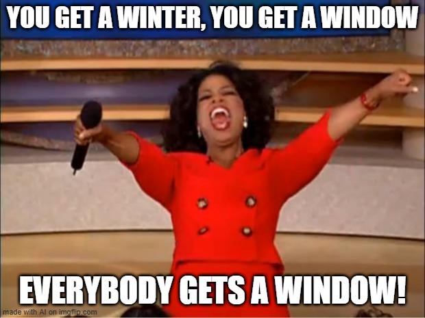 I can see a window | YOU GET A WINTER, YOU GET A WINDOW; EVERYBODY GETS A WINDOW! | image tagged in memes,oprah you get a,funny | made w/ Imgflip meme maker