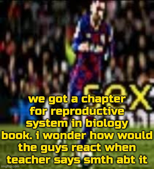 messi sex | we got a chapter for reproductive system in biology book. i wonder how would the guys react when teacher says smth abt it | image tagged in messi sex | made w/ Imgflip meme maker