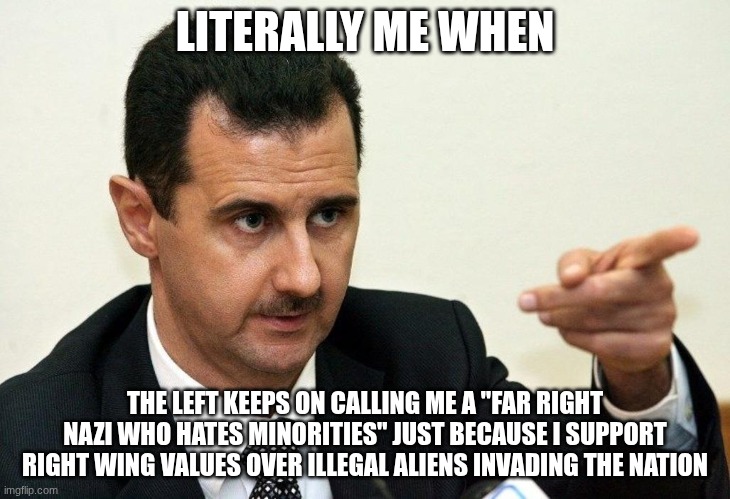 I am proud to be an anti globalist who promotes freedom of association | LITERALLY ME WHEN; THE LEFT KEEPS ON CALLING ME A "FAR RIGHT NAZI WHO HATES MINORITIES" JUST BECAUSE I SUPPORT RIGHT WING VALUES OVER ILLEGAL ALIENS INVADING THE NATION | image tagged in bashar al-assad | made w/ Imgflip meme maker