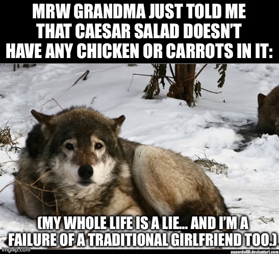 Can anyone else relate? I feel like the only one who actually got served Caesar salads with meat and carrots before… | MRW GRANDMA JUST TOLD ME THAT CAESAR SALAD DOESN’T HAVE ANY CHICKEN OR CARROTS IN IT:; (MY WHOLE LIFE IS A LIE… AND I’M A FAILURE OF A TRADITIONAL GIRLFRIEND TOO.) | image tagged in sad wolf,meat,carrots,cooking,tradwife,salad | made w/ Imgflip meme maker