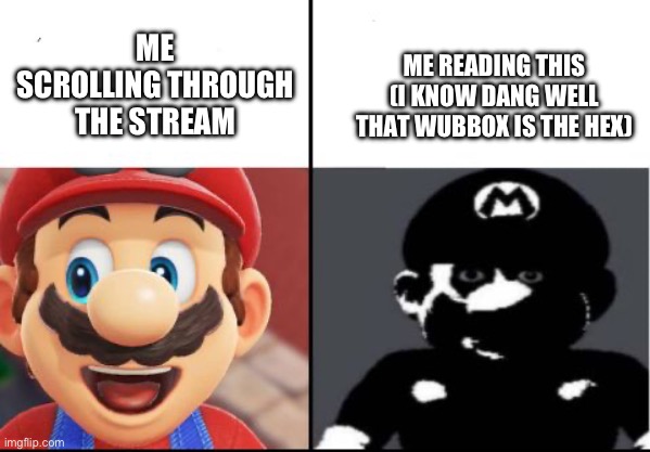 Happy mario Vs Dark Mario | ME SCROLLING THROUGH THE STREAM ME READING THIS (I KNOW DANG WELL THAT WUBBOX IS THE HEX) | image tagged in happy mario vs dark mario | made w/ Imgflip meme maker