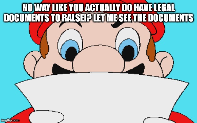Mario Reading | NO WAY LIKE YOU ACTUALLY DO HAVE LEGAL DOCUMENTS TO RALSEI? LET ME SEE THE DOCUMENTS | image tagged in mario reading | made w/ Imgflip meme maker