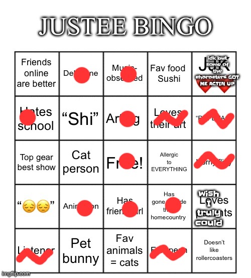 Justee bingo | idk but some of the characters GOT ME ACTIN UP; wish I truly could | image tagged in justee bingo | made w/ Imgflip meme maker