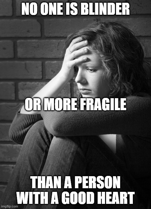 no one is more fragile | NO ONE IS BLINDER; OR MORE FRAGILE; THAN A PERSON WITH A GOOD HEART | image tagged in disappointed sad girl | made w/ Imgflip meme maker