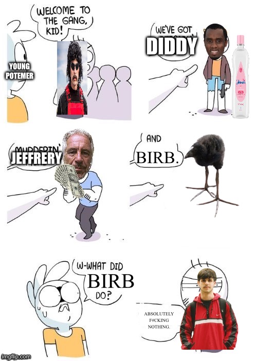 Nahh stay away from birb | DIDDY; YOUNG POTEMER; JEFFRERY; BIRB. BIRB; ABSOLUTELY F#CKING NOTHING. | image tagged in what did x do | made w/ Imgflip meme maker