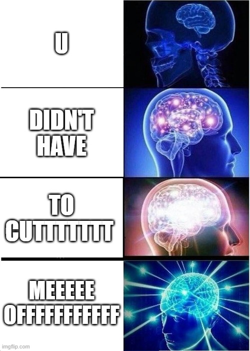 Expanding Brain | U; DIDN'T HAVE; TO CUTTTTTTT; MEEEEE OFFFFFFFFFFF | image tagged in memes,expanding brain | made w/ Imgflip meme maker