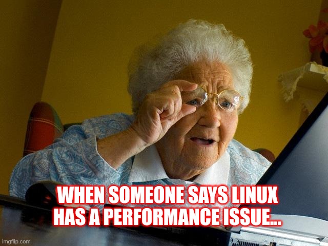When someone says Linux has a performance issue... | WHEN SOMEONE SAYS LINUX HAS A PERFORMANCE ISSUE... | image tagged in memes,grandma finds the internet,linux,hardware,performance,slowness | made w/ Imgflip meme maker