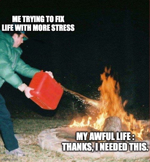 Oil on a Fire | ME TRYING TO FIX LIFE WITH MORE STRESS; MY AWFUL LIFE : THANKS, I NEEDED THIS. | image tagged in oil on a fire | made w/ Imgflip meme maker