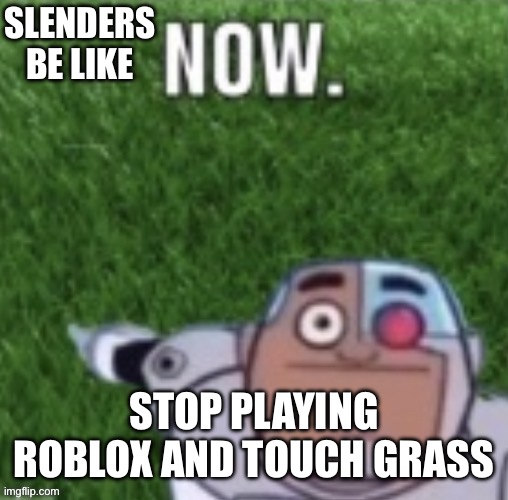Cyborg touch grass now | SLENDERS BE LIKE; STOP PLAYING ROBLOX AND TOUCH GRASS | image tagged in cyborg touch grass now | made w/ Imgflip meme maker