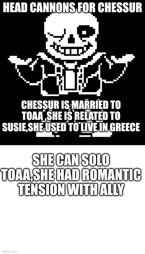 e85r6ft7gy8 | HEAD CANNONS FOR CHESSUR; CHESSUR IS MARRIED TO TOAA ,SHE IS RELATED TO SUSIE,SHE USED TO LIVE IN GREECE; SHE CAN SOLO TOAA,SHE HAD ROMANTIC TENSION WITH ALLY | image tagged in sans undertale,blank white template | made w/ Imgflip meme maker