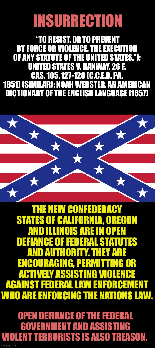 The New Confederacy | “TO RESIST, OR TO PREVENT BY FORCE OR VIOLENCE, THE EXECUTION OF ANY STATUTE OF THE UNITED STATES.”); UNITED STATES V. HANWAY, 26 F. CAS. 105, 127-128 (C.C.E.D. PA. 1851) (SIMILAR); NOAH WEBSTER, AN AMERICAN DICTIONARY OF THE ENGLISH LANGUAGE (1857); INSURRECTION; THE NEW CONFEDERACY STATES OF CALIFORNIA, OREGON AND ILLINOIS ARE IN OPEN DEFIANCE OF FEDERAL STATUTES AND AUTHORITY. THEY ARE ENCOURAGING, PERMITTING OR ACTIVELY ASSISTING VIOLENCE AGAINST FEDERAL LAW ENFORCEMENT WHO ARE ENFORCING THE NATIONS LAW. OPEN DEFIANCE OF THE FEDERAL GOVERNMENT AND ASSISTING VIOLENT TERRORISTS IS ALSO TREASON. | image tagged in the leaders of those states are bordering on treason,same arguments as the old confederacy,new confederacy is in insurrection | made w/ Imgflip meme maker