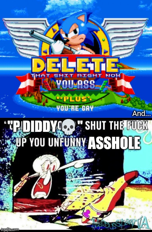 And... "P DIDDY ?" ASSHOLE | image tagged in sonic holding a shotgun to tell you to delete,only in ohio stfu you unfunny 9 year old | made w/ Imgflip meme maker
