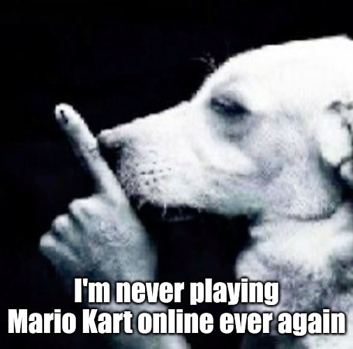 Fuckass racing game... | I'm never playing Mario Kart online ever again | image tagged in shh dog | made w/ Imgflip meme maker