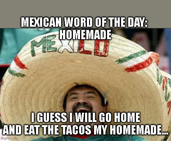 mexican word of the day | MEXICAN WORD OF THE DAY:
 HOMEMADE; I GUESS I WILL GO HOME AND EAT THE TACOS MY HOMEMADE... | image tagged in mexican word of the day | made w/ Imgflip meme maker
