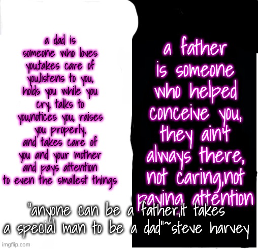 idk why tf I made this tbh | a dad is someone who loves you,takes care of you,listens to you, holds you while you cry, talks to you,notices you, raises you properly, and takes care of you and your mother and pays attention to even the smallest things; a father is someone who helped conceive you, they ain't always there, not caring,not paying attention; "anyone can be a father,it takes a special man to be a dad"~steve harvey | image tagged in i have two sides | made w/ Imgflip meme maker