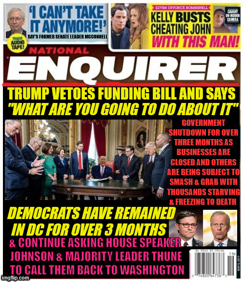 National Enquirer Trump vetoes funding | TRUMP VETOES FUNDING BILL AND SAYS; "WHAT ARE YOU GOING TO DO ABOUT IT"; GOVERNMENT SHUTDOWN FOR OVER THREE MONTHS AS BUSINESSES ARE CLOSED AND OTHERS ARE BEING SUBJECT TO SMASH & GRAB WITH THOUSANDS STARVING & FREEZING TO DEATH; DEMOCRATS HAVE REMAINED IN DC FOR OVER 3 MONTHS; & CONTINUE ASKING HOUSE SPEAKER 
JOHNSON & MAJORITY LEADER THUNE
 TO CALL THEM BACK TO WASHINGTON | image tagged in shutdown death destruction depression,national enquirer trump vetoes funding,25th amendment,impeach trump/pence | made w/ Imgflip meme maker