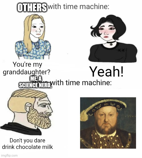 Only people who knew metric units get this | OTHERS; You're my granddaughter? Yeah! ME, A SCIENCE NERD, Don't you dare drink chocolate milk | image tagged in time machine | made w/ Imgflip meme maker