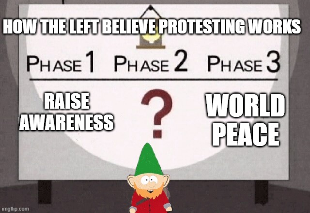 Protesting 101 For Dummies | HOW THE LEFT BELIEVE PROTESTING WORKS; WORLD PEACE; RAISE AWARENESS | image tagged in underpants gnomes | made w/ Imgflip meme maker
