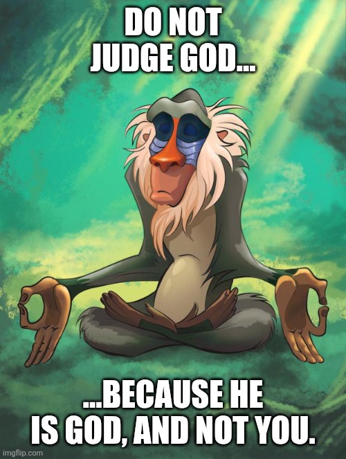 Spread this wisdom as a proverb fast as heck thanks to the WWW. | DO NOT JUDGE GOD... ...BECAUSE HE IS GOD, AND NOT YOU. | image tagged in god,criticism,humility,memes,rafiki wisdom,wisdom | made w/ Imgflip meme maker