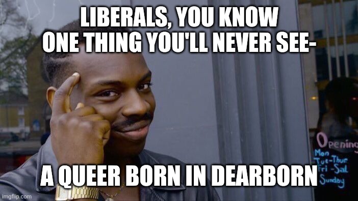 Dearborn Queerborn Muslim gay | LIBERALS, YOU KNOW ONE THING YOU'LL NEVER SEE-; A QUEER BORN IN DEARBORN | image tagged in memes,roll safe think about it | made w/ Imgflip meme maker