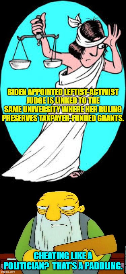 Seriously; are ANY of these leftist judges worth a damn? | BIDEN APPOINTED LEFTIST-ACTIVIST JUDGE IS LINKED TO THE SAME UNIVERSITY WHERE HER RULING PRESERVES TAXPAYER-FUNDED GRANTS. CHEATING LIKE A POLITICIAN?  THAT'S A PADDLING. | image tagged in that's a paddlin' | made w/ Imgflip meme maker