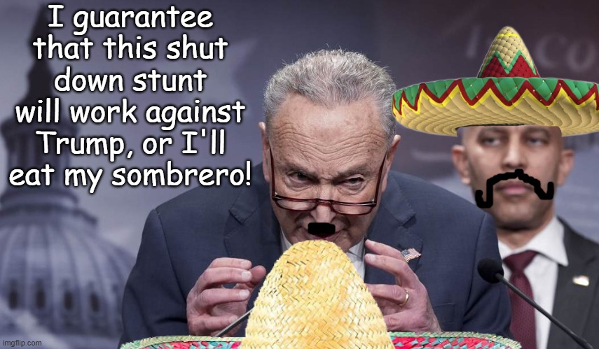 Don't make us hurt this sombrero! | I guarantee that this shut down stunt will work against Trump, or I'll eat my sombrero! | image tagged in schumer | made w/ Imgflip meme maker