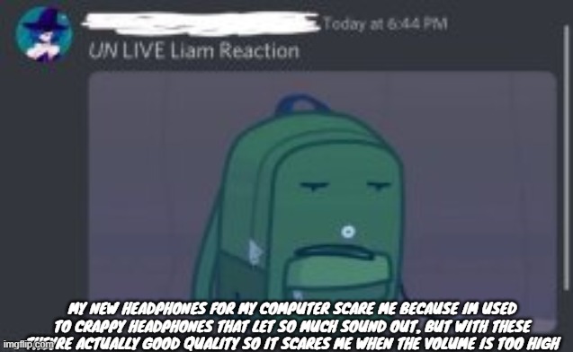MY NEW HEADPHONES FOR MY COMPUTER SCARE ME BECAUSE IM USED TO CRAPPY HEADPHONES THAT LET SO MUCH SOUND OUT, BUT WITH THESE THEYRE ACTUALLY GOOD QUALITY SO IT SCARES ME WHEN THE VOLUME IS TOO HIGH | made w/ Imgflip meme maker