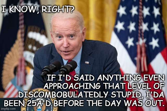 Biden Whisper | I KNOW, RIGHT? IF I'D SAID ANYTHING EVEN APPROACHING THAT LEVEL OF DISCOMBOBULATEDLY STUPID, I'DA BEEN 25A'D BEFORE THE DAY WAS OUT. | image tagged in biden whisper | made w/ Imgflip meme maker