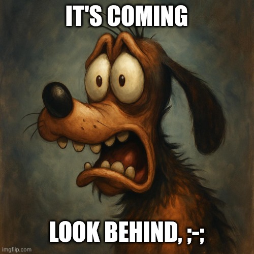 Overloaddah | IT'S COMING; LOOK BEHIND, ;-; | image tagged in a scared goofy dog,goofy | made w/ Imgflip meme maker