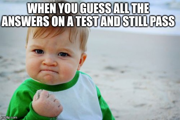 Success Kid Original | WHEN YOU GUESS ALL THE ANSWERS ON A TEST AND STILL PASS | image tagged in memes,success kid original | made w/ Imgflip meme maker