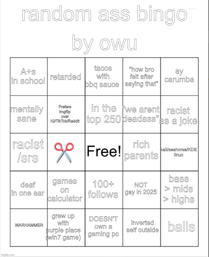 random ass bingo Blank Meme Template