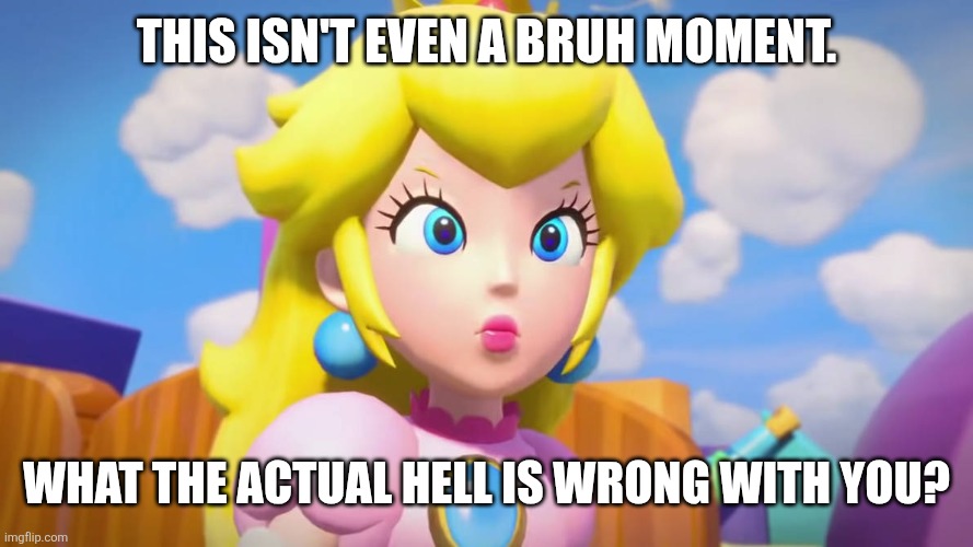 princess peach is angry | THIS ISN'T EVEN A BRUH MOMENT. WHAT THE ACTUAL HELL IS WRONG WITH YOU? | image tagged in princess peach is angry | made w/ Imgflip meme maker