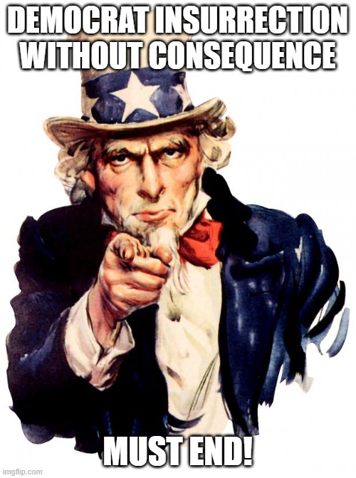 Uncle Sam | DEMOCRAT INSURRECTION WITHOUT CONSEQUENCE; MUST END! | image tagged in memes,uncle sam | made w/ Imgflip meme maker