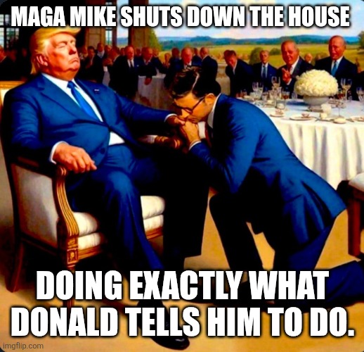 Mike Johnson kisses Trump's ring | MAGA MIKE SHUTS DOWN THE HOUSE DOING EXACTLY WHAT DONALD TELLS HIM TO DO. | image tagged in mike johnson kisses trump's ring | made w/ Imgflip meme maker