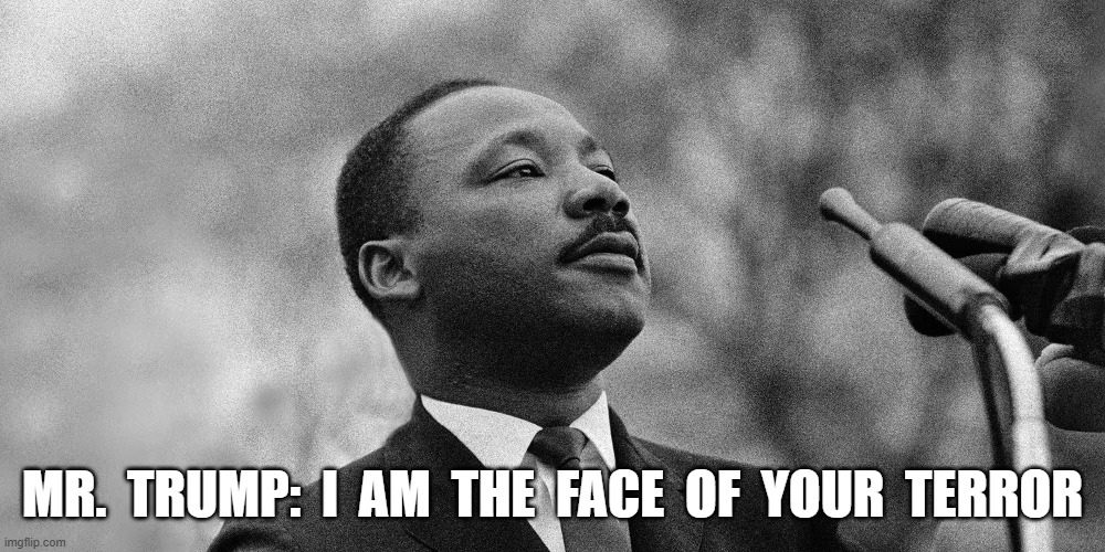 Trump's Face of Terror | MR.  TRUMP:  I  AM  THE  FACE  OF  YOUR  TERROR | image tagged in civil rights | made w/ Imgflip meme maker