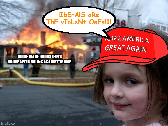 After ruling against Trump, the judges house was burned down. | lIbErAlS aRe ThE vIoLeNt OnEs!1! JUDGE DIANE GOODSTEIN'S HOUSE AFTER RULING AGAINST TRUMP. | image tagged in memes,disaster girl | made w/ Imgflip meme maker