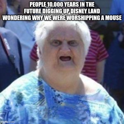 wat | PEOPLE 10,000 YEARS IN THE FUTURE DIGGING UP DISNEY LAND WONDERING WHY WE WERE WORSHIPPING A MOUSE | image tagged in wat lady | made w/ Imgflip meme maker