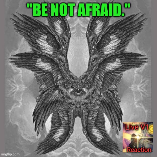 "BE NOT AFRAID."; Live V1; Reaction | image tagged in memes,ultrakill,angel | made w/ Imgflip meme maker