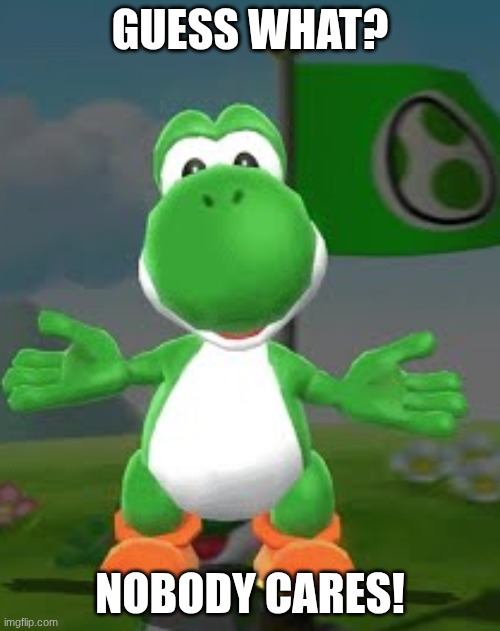 Yoshi XXII | GUESS WHAT? NOBODY CARES! | image tagged in you don't matter,yoshi | made w/ Imgflip meme maker