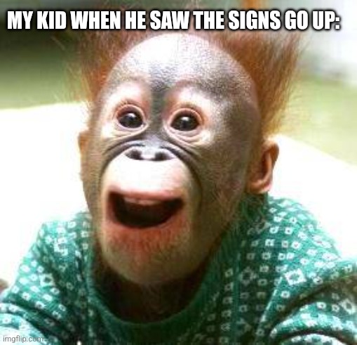 Happy Monkey Happy Birthday | MY KID WHEN HE SAW THE SIGNS GO UP: | image tagged in happy monkey happy birthday | made w/ Imgflip meme maker