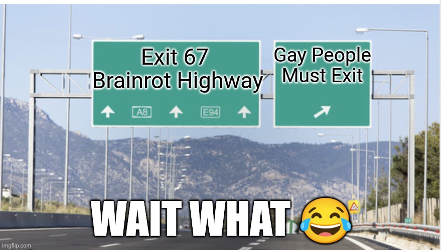 The entire world rn: | Gay People Must Exit; Exit 67 
Brainrot Highway; WAIT WHAT 😂 | image tagged in which highway exit | made w/ Imgflip meme maker
