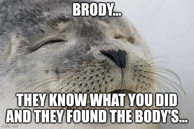 Brody | BRODY... THEY KNOW WHAT YOU DID AND THEY FOUND THE BODY'S... | image tagged in memes,satisfied seal | made w/ Imgflip meme maker