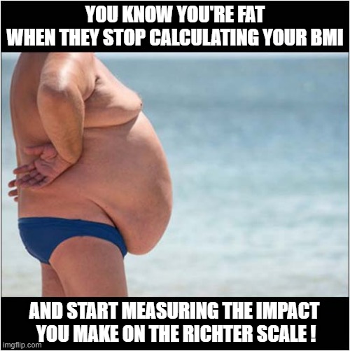 That Cannot Normal ! | YOU KNOW YOU'RE FAT
WHEN THEY STOP CALCULATING YOUR BMI; AND START MEASURING THE IMPACT
 YOU MAKE ON THE RICHTER SCALE ! | image tagged in obese,bmi,richter scale | made w/ Imgflip meme maker