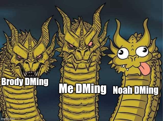 DM | Me DMing; Noah DMing; Brody DMing | image tagged in hydra | made w/ Imgflip meme maker