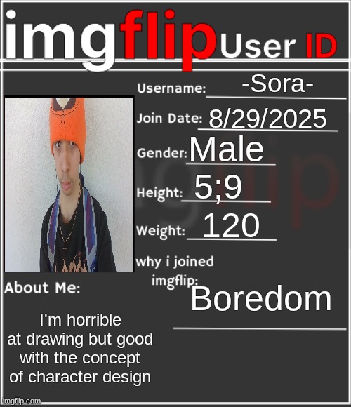 imgflip User ID | -Sora-; 8/29/2025; Male; 5;9; 120; Boredom; I'm horrible at drawing but good with the concept of character design | image tagged in imgflip user id | made w/ Imgflip meme maker