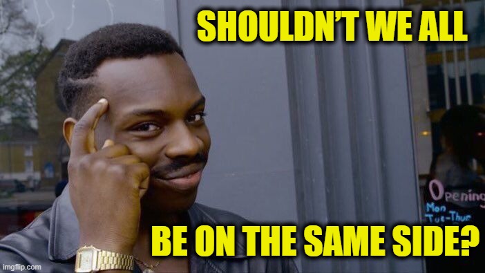 Divided and conquered | SHOULDN’T WE ALL; BE ON THE SAME SIDE? | image tagged in memes,roll safe think about it | made w/ Imgflip meme maker